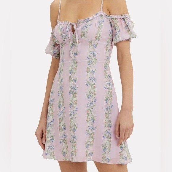 INTERMIX Mini Dress Womens Size 2 Purple Floral Off the Shoulder Smocked Girly - Picture 1 of 15